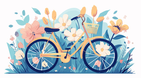 Bicycle with flowers in the garden. Flat style vector illustration.のイラスト素材
