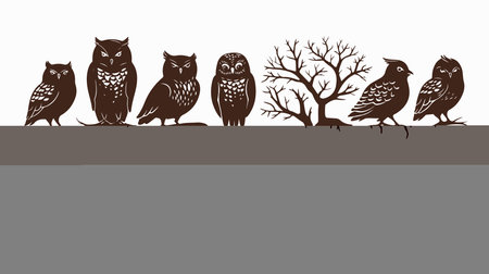 Owl family. Silhouettes of owls and trees. Vector illustration.のイラスト素材