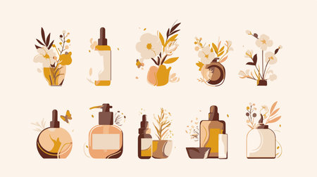 Set of bottles with essential oils and floral elements. Vector illustration.のイラスト素材