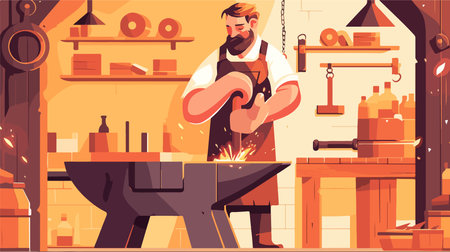 Blacksmith working on a blacksmith's forge. Flat vector illustration.のイラスト素材