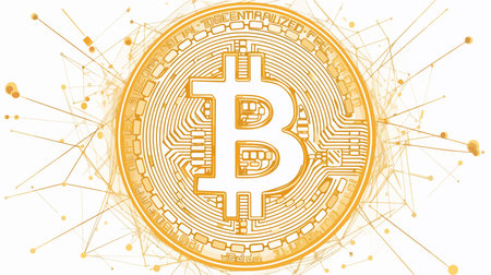 Bitcoin cryptocurrency. Golden coin with bitcoin symbol on a white background. Vector illustrationのイラスト素材