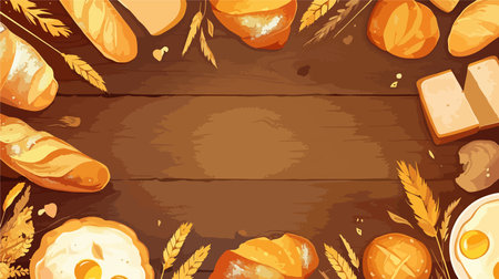Bakery background with bread, eggs and wheat. Vector illustration.のイラスト素材