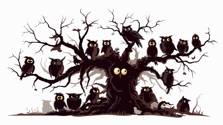 Halloween tree with black owls. Vector illustration isolated on white background.のイラスト素材