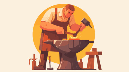 Blacksmith working on anvil. Flat style vector illustration.のイラスト素材
