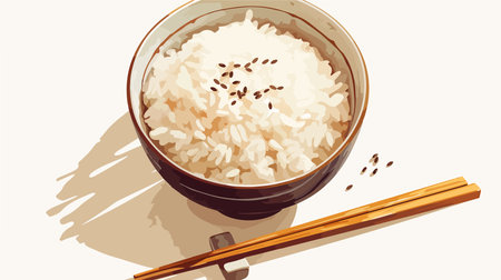 Illustration of rice in a bowl with chopsticks on white backgroundのイラスト素材