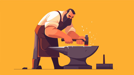 Blacksmith making metal with hammer on anvil flat vector illustrationのイラスト素材