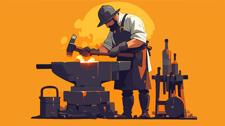 Blacksmith working on the anvil. Vector illustration in flat styleのイラスト素材