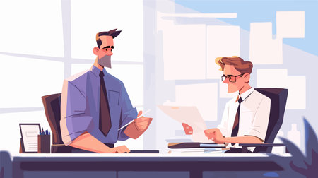 Businessman and businesswoman working together in office. Colleagues in formal wear sitting at desk with papers and talking. Vector illustration in flat styleのイラスト素材
