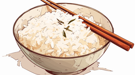 Illustration of a bowl of rice and chopsticks on a white backgroundのイラスト素材