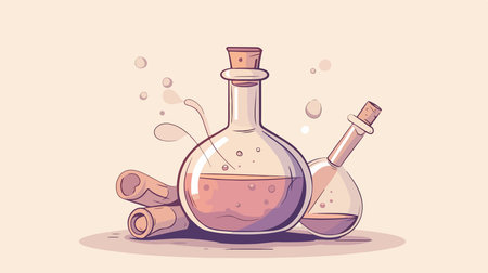 Bottle with magic potion and cinnamon. Vector illustration in cartoon styleのイラスト素材
