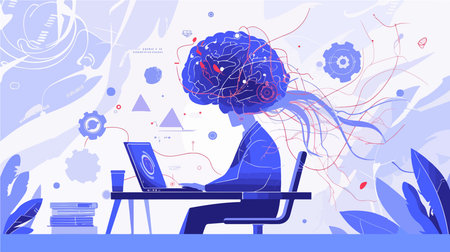 Vector illustration of a young woman working on a laptop at the table.のイラスト素材