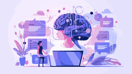Artificial intelligence concept vector illustration. Cartoon flat tiny person with computer and brain.のイラスト素材