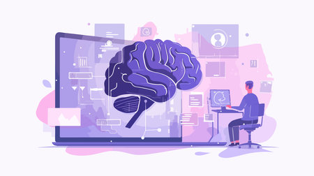 Brainstorming concept in flat design. Man working on laptop. Brainstorming process. Vector illustrationのイラスト素材