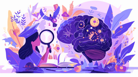Artificial intelligence concept vector illustration. Cartoon flat graphic design of female student studying with big human brainのイラスト素材