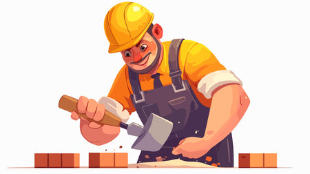 Cartoon construction worker building brick wall with trowel vector illustrationのイラスト素材