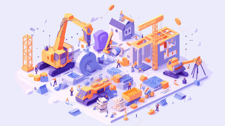Construction industry isometric vector illustration. 3d isometric construction site with crane, excavator, building materials and workersのイラスト素材