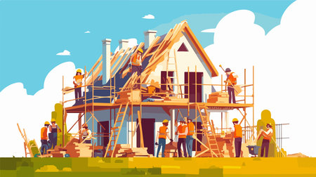 Construction workers building house, flat vector illustration. Workers working on building site.のイラスト素材