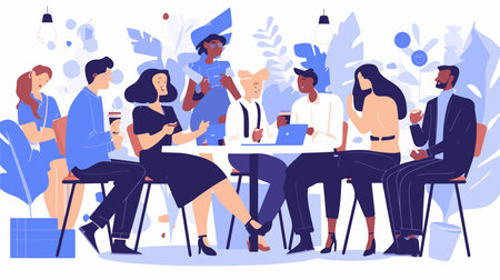 People in cafe. People sitting at table and drinking coffee. Flat vector illustrationのイラスト素材