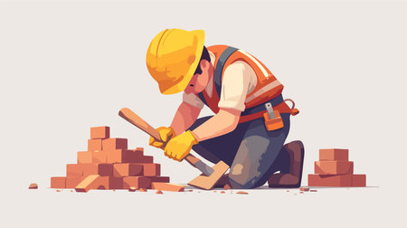 Worker building brick wall cartoon vector illustration. Man builder working at construction site.のイラスト素材