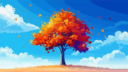 Autumn landscape with a tree and blue sky. Vector illustration.のイラスト素材