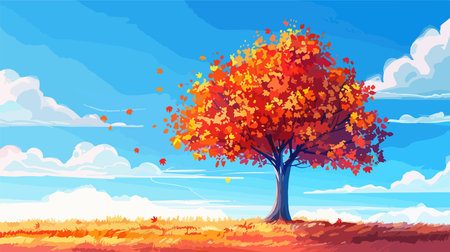 Autumn landscape with a tree and colorful leaves. Vector illustration.のイラスト素材