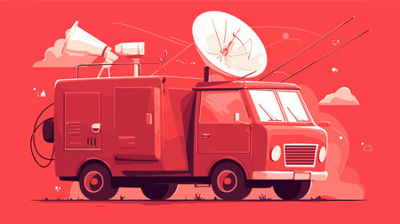 Satellite dish and red truck. Vector illustration in flat style.のイラスト素材