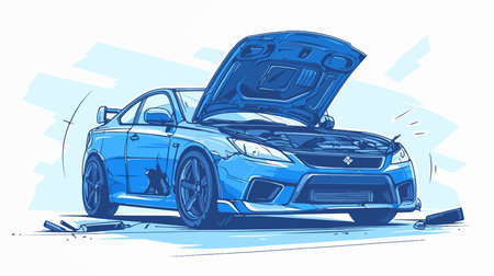 illustration of a car with open hood on a white background.のイラスト素材