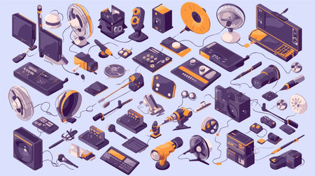 Electronics isometric icons set with electronic devices and accessories isolated vector illustrationのイラスト素材