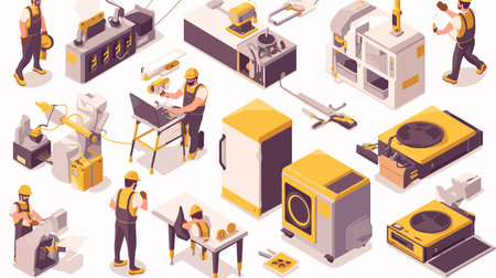 Industrial machinery isometric icons set with workers and equipment isolated vector illustrationのイラスト素材