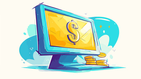 Vector illustration of computer with dollar sign and coins. Online shopping concept.のイラスト素材
