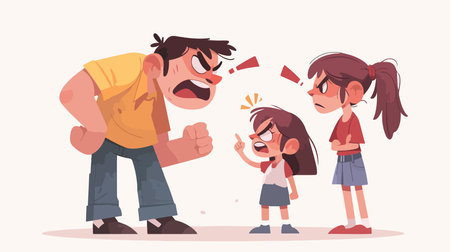 Angry father shouting at his daughter. Vector illustration in cartoon styleのイラスト素材