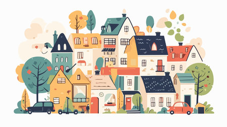 Cute houses in the town. Vector illustration in flat style.のイラスト素材