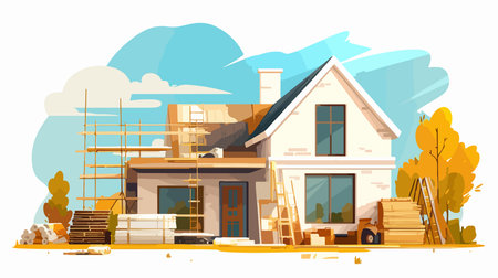 House under construction, flat style vector illustration. House under construction, new house, wooden beams and ladder.のイラスト素材
