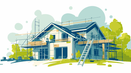 House under construction with scaffolding and ladder. Vector illustration in flat styleのイラスト素材