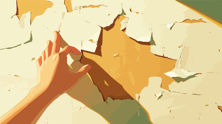 Female hand reaching for a piece of cracked wall. Vector illustration.のイラスト素材