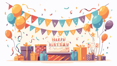 Birthday party with balloons, confetti and gifts. Vector illustration in flat styleのイラスト素材