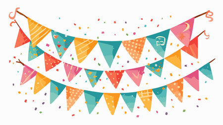 Party bunting flags with confetti. Vector illustration in flat style.のイラスト素材