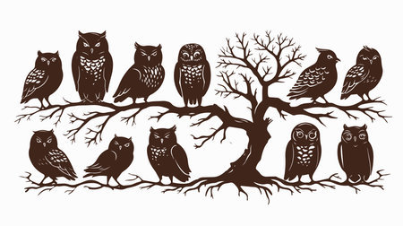 Set of owls on tree branches. Black and white vector illustration.のイラスト素材