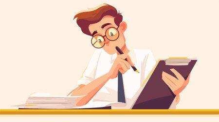 Vector illustration of a man in a white shirt and glasses sitting at the table and working with documents.のイラスト素材