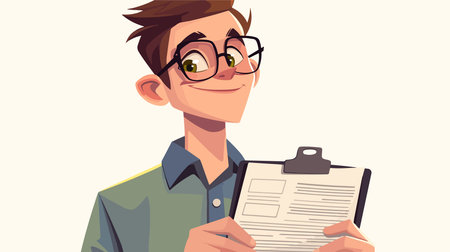 Young man in glasses with a clipboard in his hands. Vector illustration.のイラスト素材