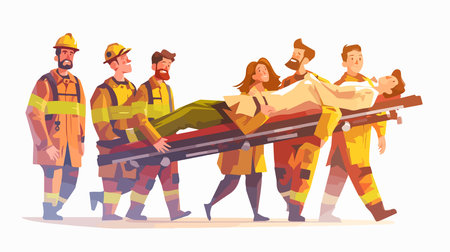 Firefighters and firemen in uniform and helmets holding stretcher or stretcher. Firefighters and firemen, firemen and firemen in action. Vector illustration in cartoon styleのイラスト素材