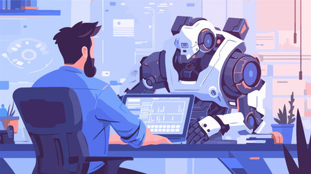 Robot working in the office. Vector illustration in cartoon style.のイラスト素材