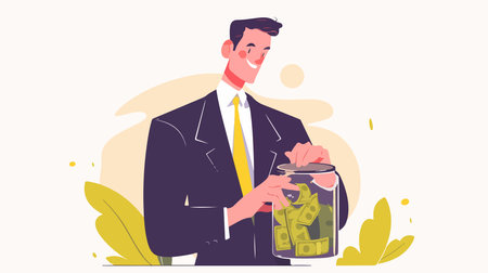Businessman putting money into a glass jar, flat vector illustration.のイラスト素材