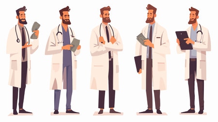 Set of male doctors characters with stethoscopes and clipboard. Vector illustrationのイラスト素材