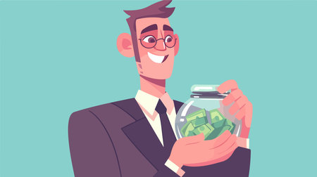 Businessman holding a jar full of money. Vector illustration in cartoon styleのイラスト素材
