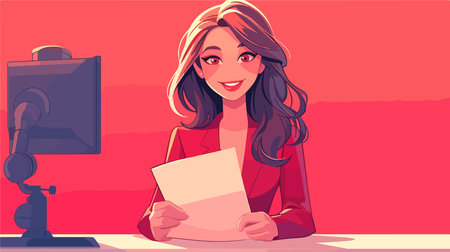 Vector cartoon illustration of a beautiful young woman sitting at the table and reading a letter.のイラスト素材