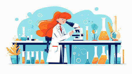 Scientist girl working in laboratory. Microscope, test tubes and plants. Vector illustration in flat styleのイラスト素材