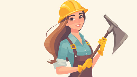Smiling female construction worker with axe. Vector illustration in cartoon styleのイラスト素材