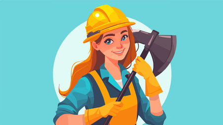 Female construction worker with an ax. Vector illustration in cartoon style.のイラスト素材