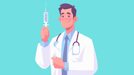 Male doctor holding syringe with vaccine. Vector illustration in cartoon styleのイラスト素材